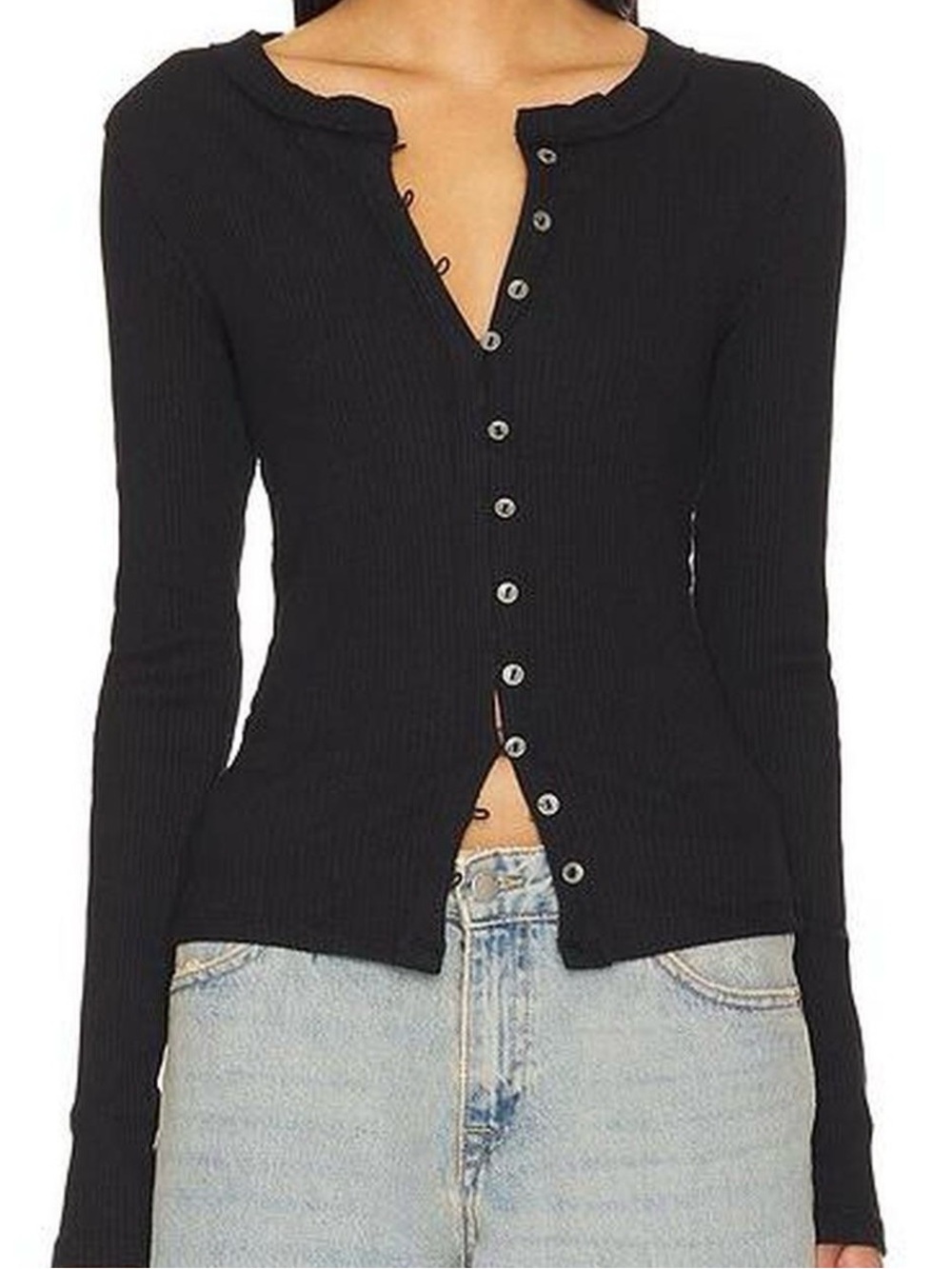 Free People We the Free Ribbed Button-Front Women's Cardigan Sweater - Black